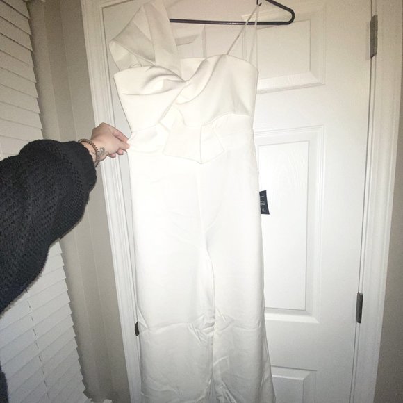 Lulus Pants - Eternal Vow Ivory One-Shoulder Sleeveless Bow-Front Jumpsuit